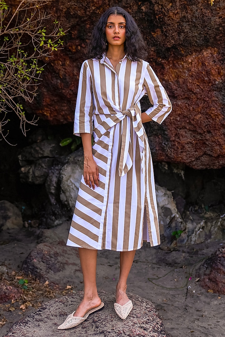 White & Khaki Organic Cotton Striped Midi Dress by Dash and Dot at Pernia's Pop Up Shop