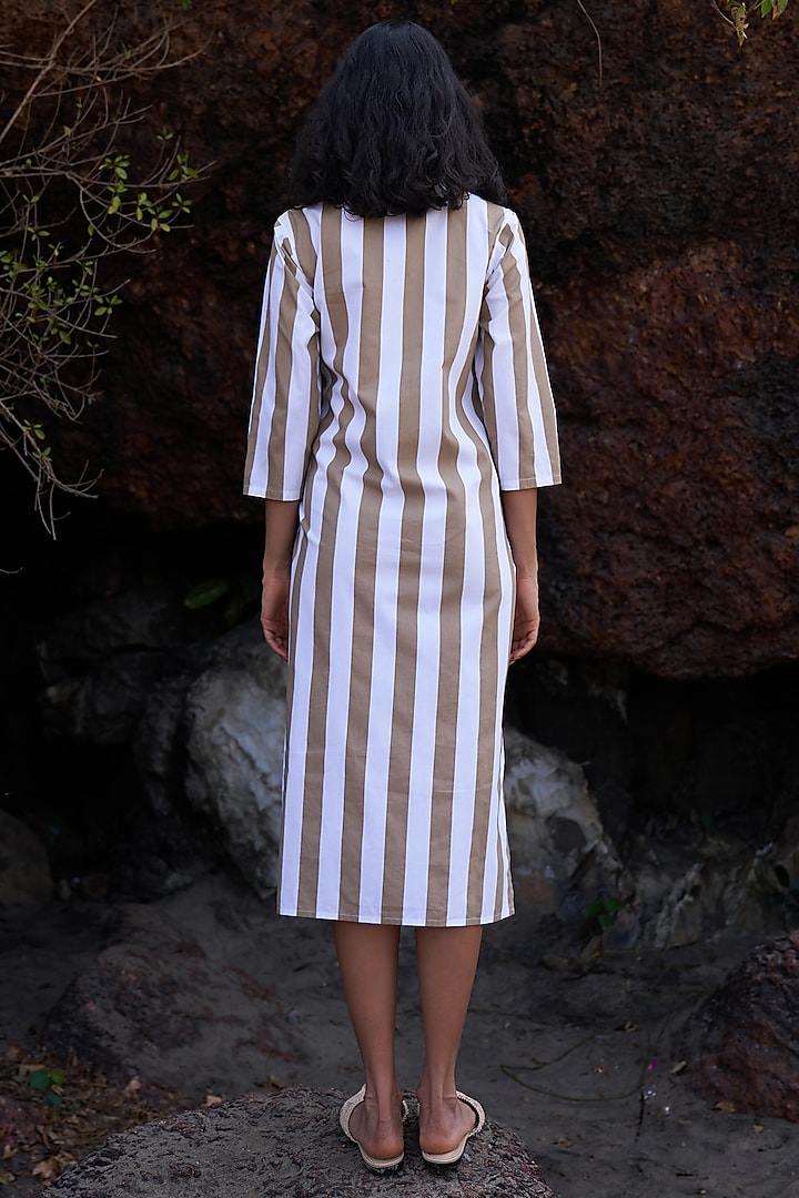White & Khaki Organic Cotton Striped Midi Summer Dress by Dash and Dot at Pernia's Pop Up Shop