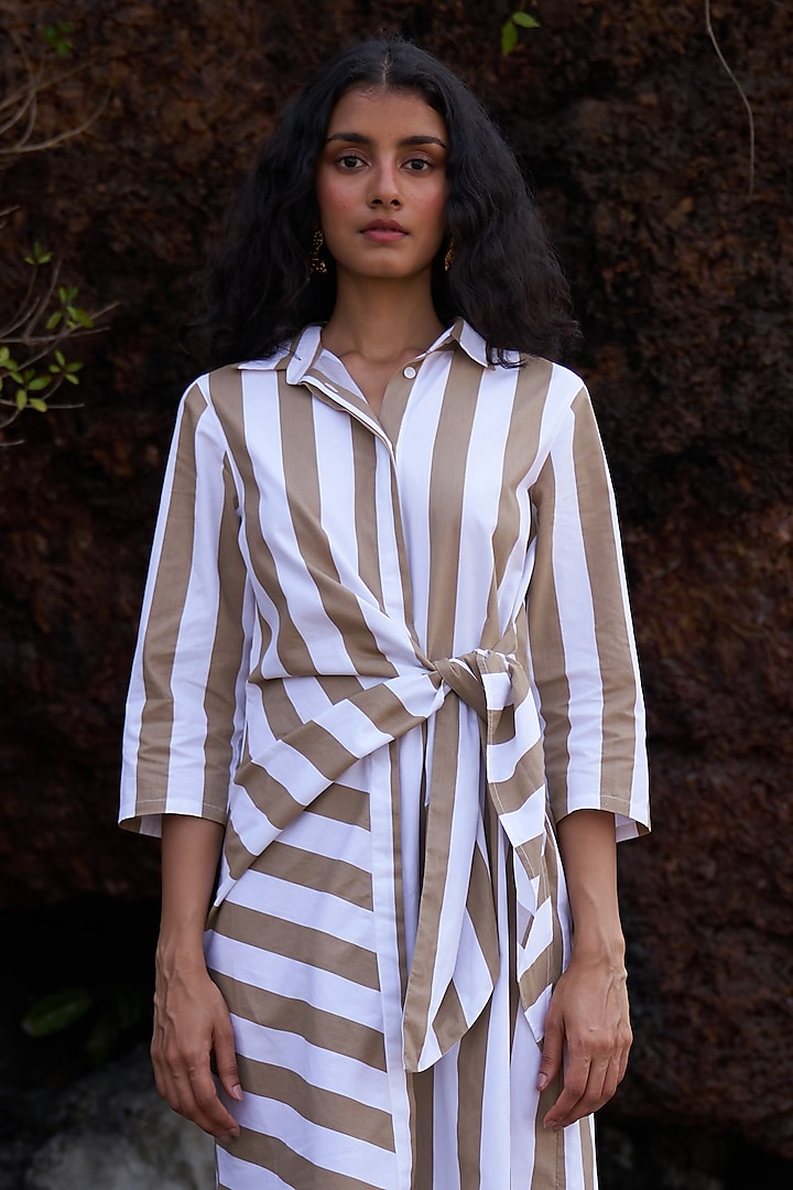 White & Khaki Organic Cotton Striped Midi Summer Dress by Dash and Dot at Pernia's Pop Up Shop