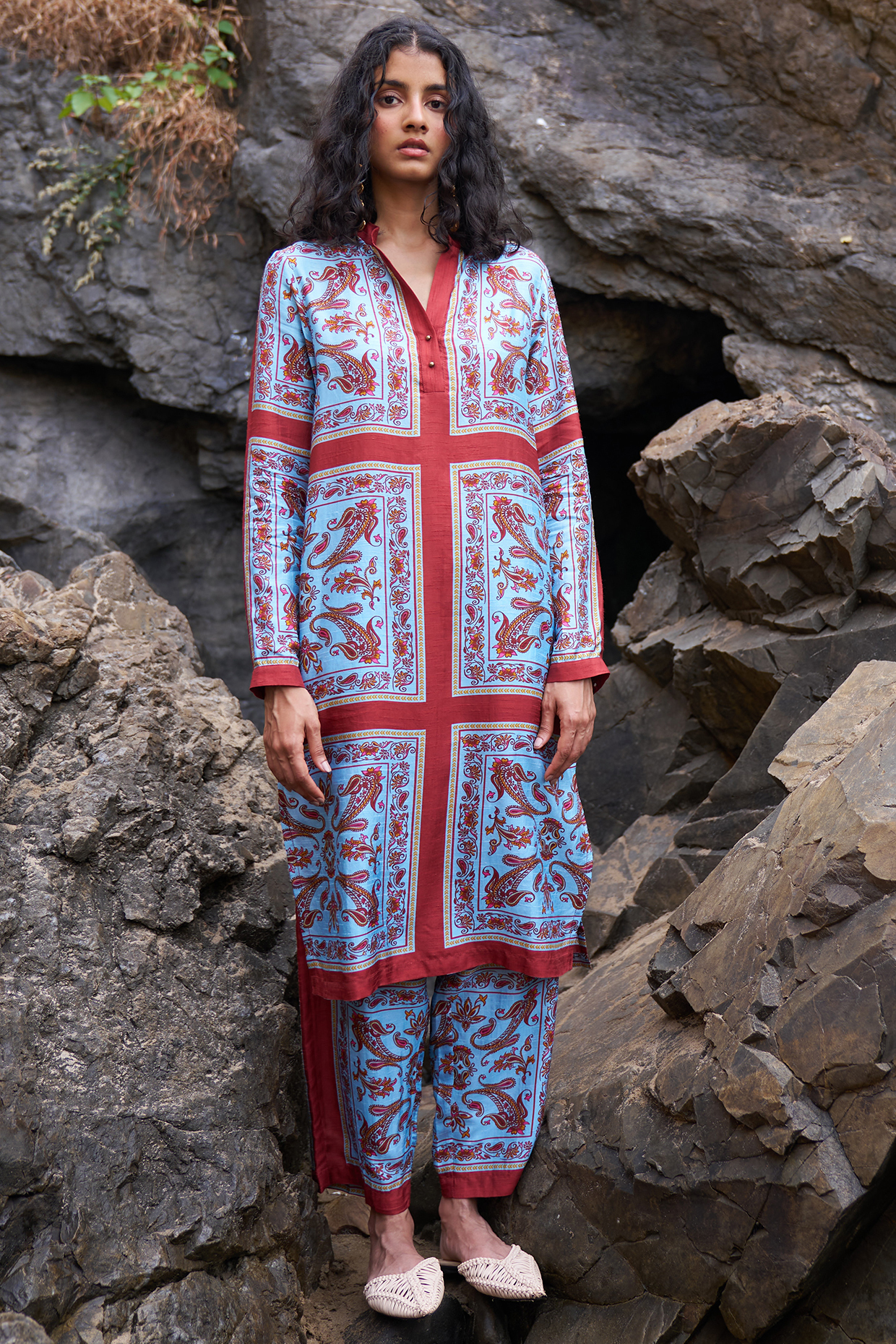 Dusty Pastel Blue Slub Fabric Printed Co-Ord Set by Dash and Dot at Pernia's Pop Up Shop