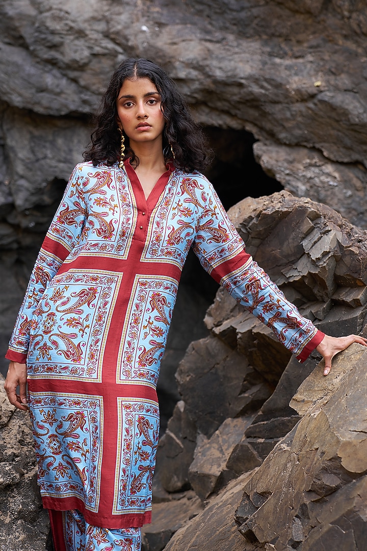 Dusty Pastel Blue Slub Fabric Printed Co-Ord Set by Dash and Dot at Pernia's Pop Up Shop