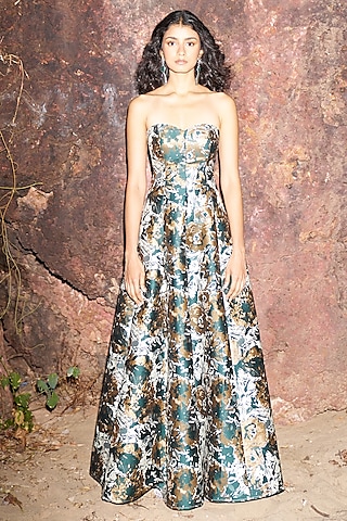 Multi-Colored Brocade Off-Shoulder Gown by Dash and Dot
