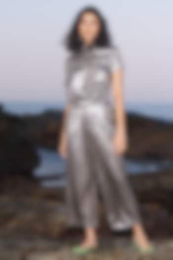 Metallic Silver Polyester & Shimmer Lame Co-Ord Set by Dash and Dot at Pernia's Pop Up Shop
