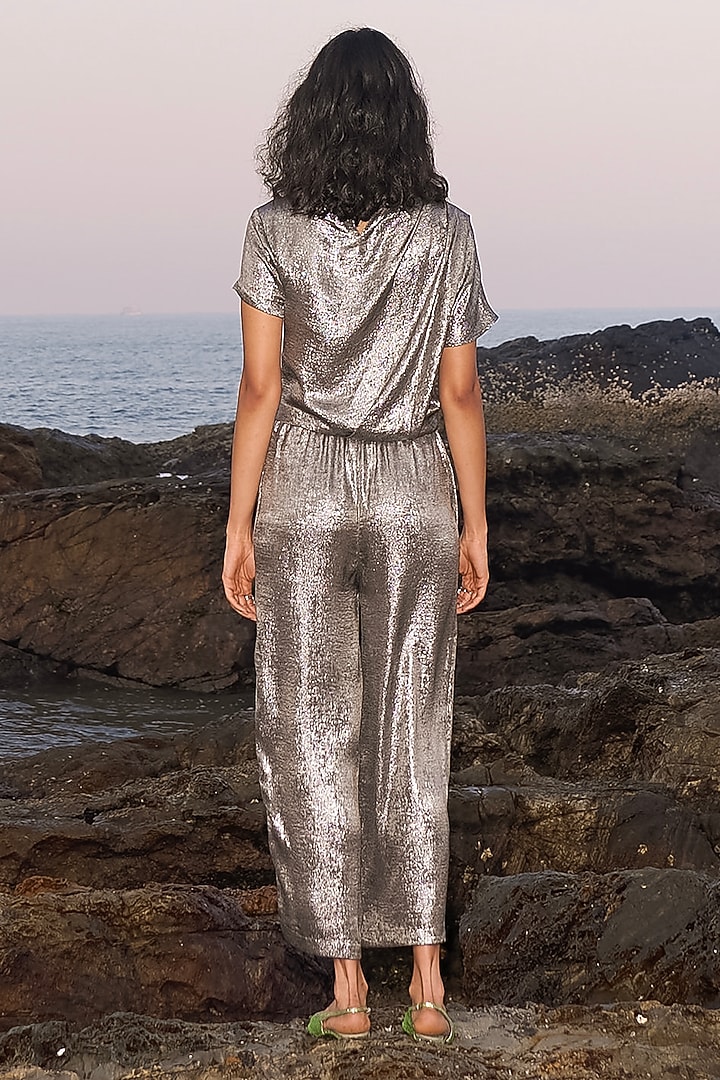 Metallic Silver Polyester & Shimmer Lame Co-Ord Set by Dash and Dot at Pernia's Pop Up Shop
