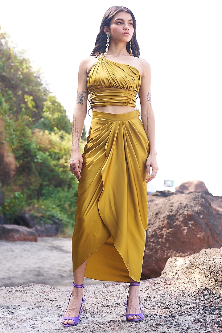 Ochre Yellow Recycled Polyester Draped Skirt Set by Dash and Dot