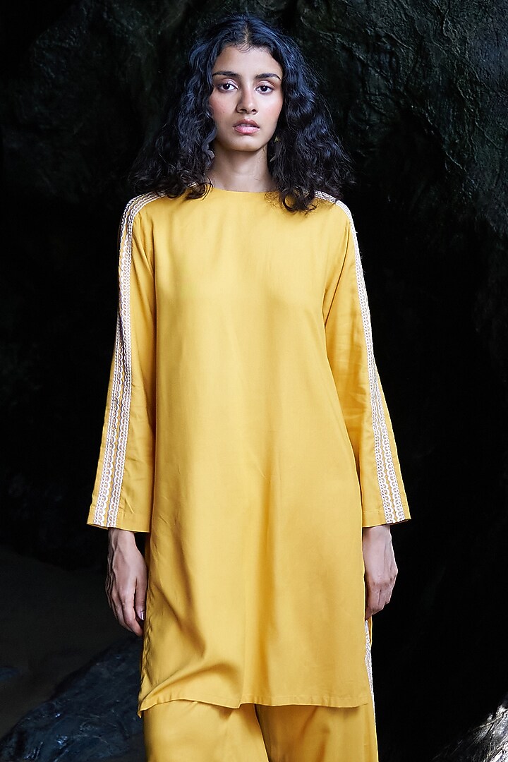 Yellow Rayon Embroidered Co-Ord Set by Dash and Dot at Pernia's Pop Up Shop