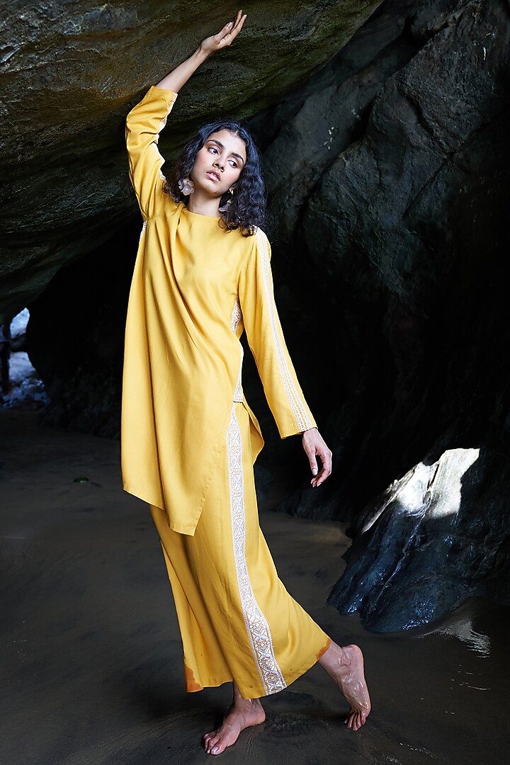 Yellow Rayon Embroidered Co-Ord Set by Dash and Dot at Pernia's Pop Up Shop