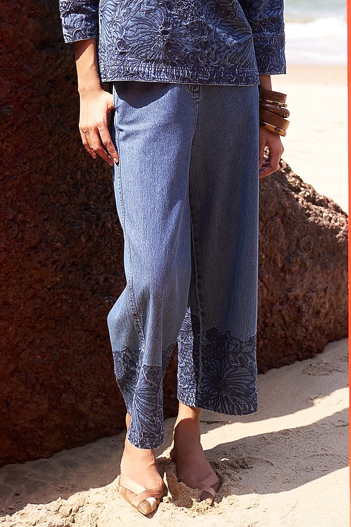 Indigo Washed Denim Floral Embroidered Co-Ord Set by Dash and Dot at Pernia's Pop Up Shop