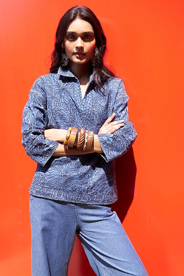 Indigo Washed Denim Floral Embroidered Co-Ord Set by Dash and Dot at Pernia's Pop Up Shop