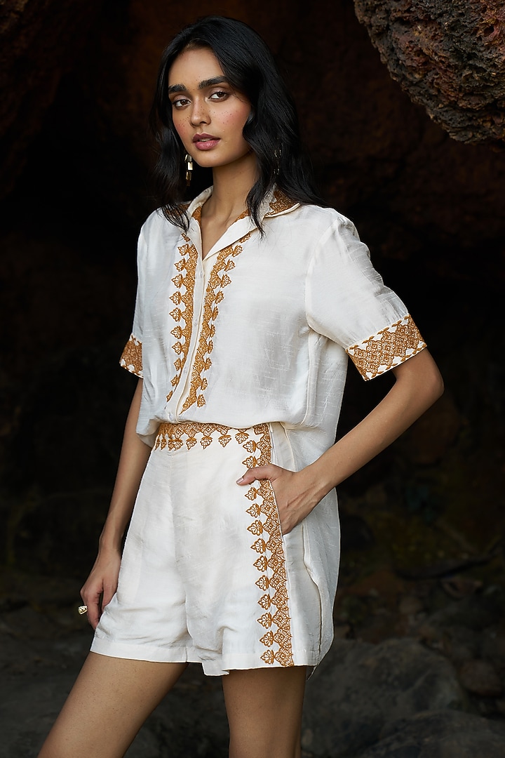 White Viscose Embroidered Co-Ord Set by Dash and Dot at Pernia's Pop Up Shop