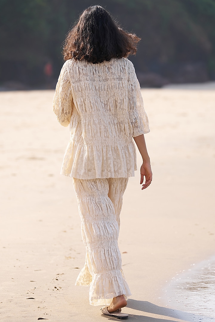 Off-White Cotton Smocked Co-Ord Set by Dash and Dot at Pernia's Pop Up Shop