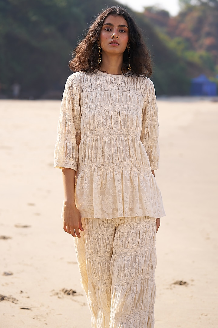 Off-White Cotton Smocked Co-Ord Set by Dash and Dot at Pernia's Pop Up Shop