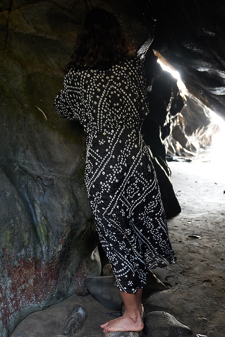 Black Viscose Tie-Dye Bandhani Draped Summer Dress by Dash and Dot at Pernia's Pop Up Shop