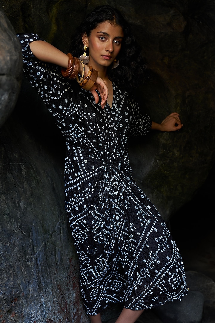 Black Viscose Tie-Dye Bandhani Draped Summer Dress by Dash and Dot at Pernia's Pop Up Shop