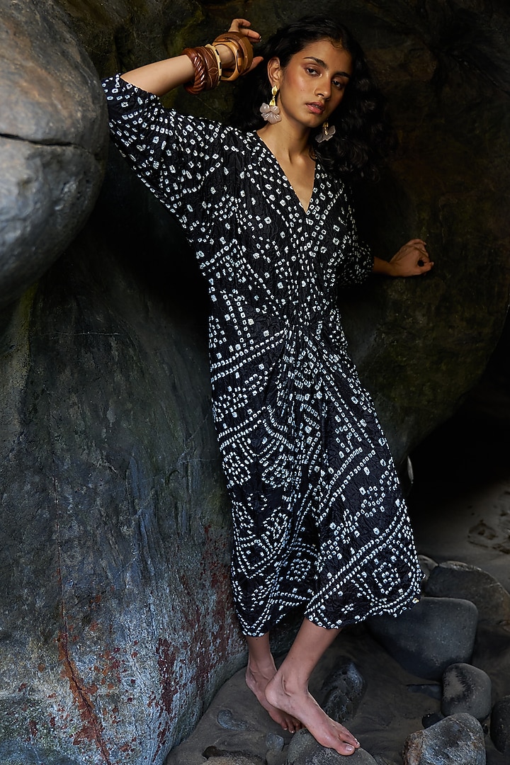 Black Viscose Tie-Dye Bandhani Draped Summer Dress by Dash and Dot at Pernia's Pop Up Shop