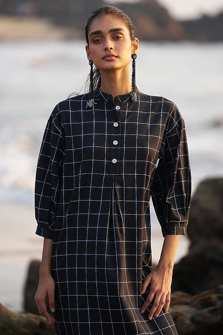 Black Cotton Midi Checkered Summer Dress by Dash and Dot at Pernia's Pop Up Shop