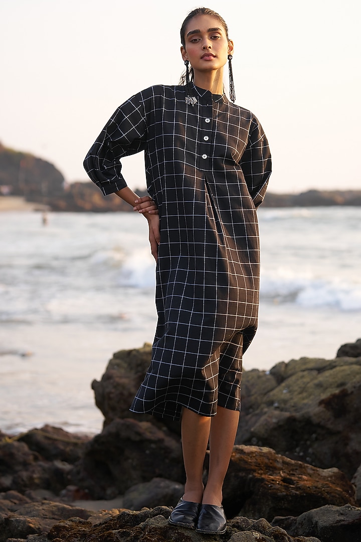 Black Cotton Midi Checkered Summer Dress by Dash and Dot at Pernia's Pop Up Shop
