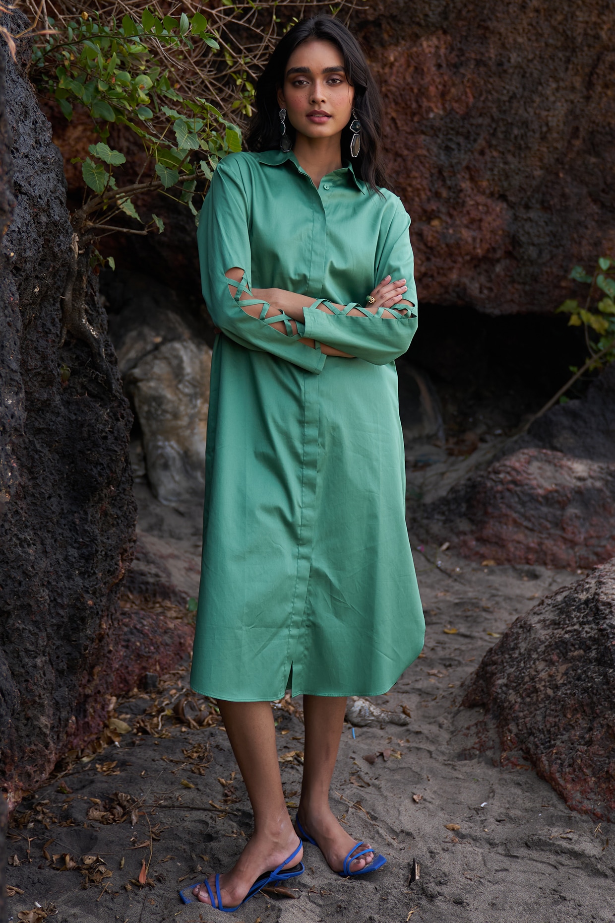 Green Organic Cotton Midi Shirt Dress by Dash and Dot at Pernia s Pop Up Shop