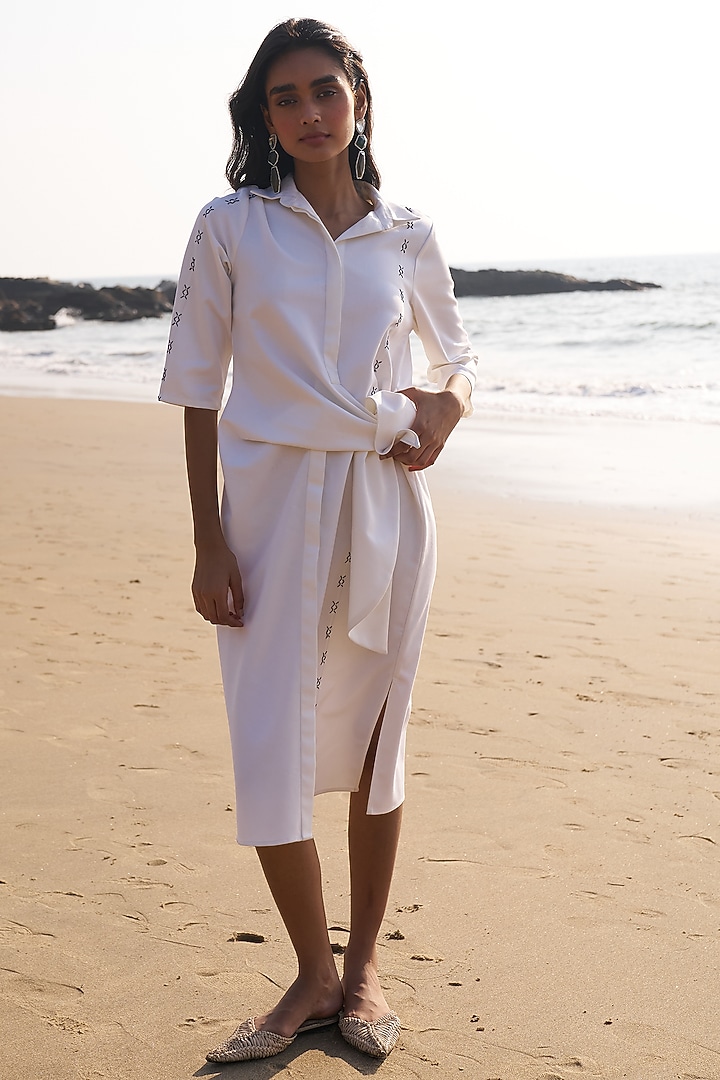 Ivory Polyester & Viscose Cross-Stitch Embroidered Midi Summer Shirt Dress by Dash and Dot at Pernia's Pop Up Shop