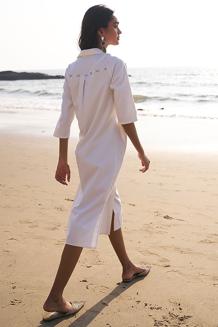 Ivory Polyester & Viscose Cross-Stitch Embroidered Midi Summer Shirt Dress by Dash and Dot at Pernia's Pop Up Shop