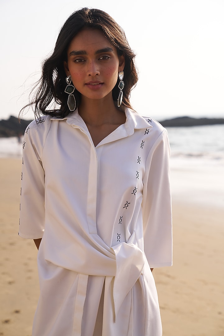 Ivory Polyester & Viscose Cross-Stitch Embroidered Midi Summer Shirt Dress by Dash and Dot at Pernia's Pop Up Shop