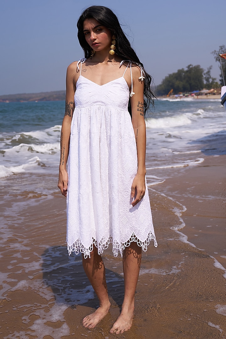 White Cotton Scalloped Embroidered Flared Dress by Dash and Dot