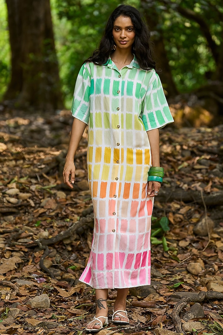 Multi-Colored Viscose & Linen Hand Painted Midi Summer Shirt Dress by Dash and Dot at Pernia's Pop Up Shop
