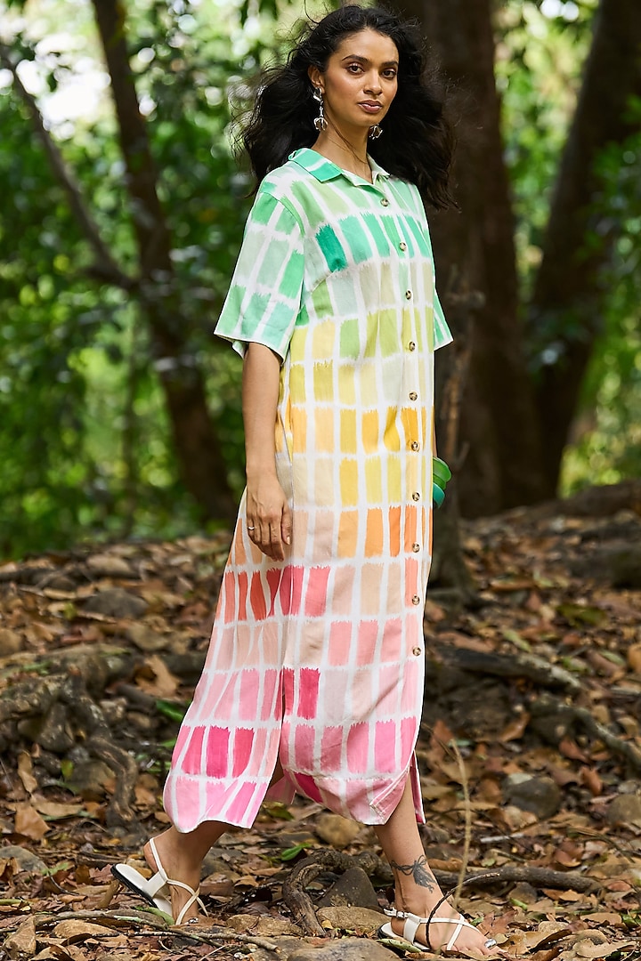 Multi-Colored Viscose & Linen Hand Painted Midi Summer Shirt Dress by Dash and Dot at Pernia's Pop Up Shop