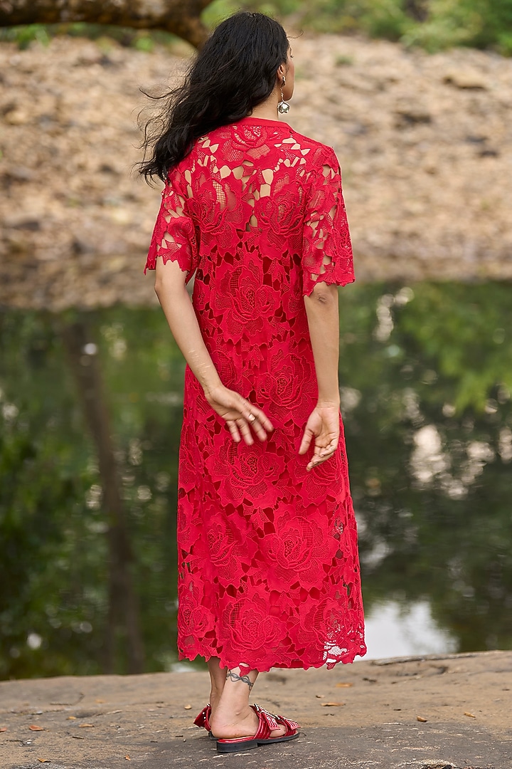 Maroon Recycled Polyester Cutwork Midi Summer Dress by Dash and Dot at Pernia's Pop Up Shop