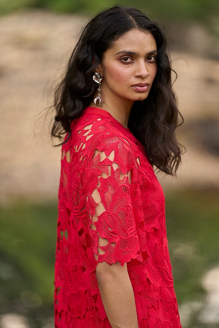 Maroon Recycled Polyester Cutwork Midi Summer Dress by Dash and Dot at Pernia's Pop Up Shop
