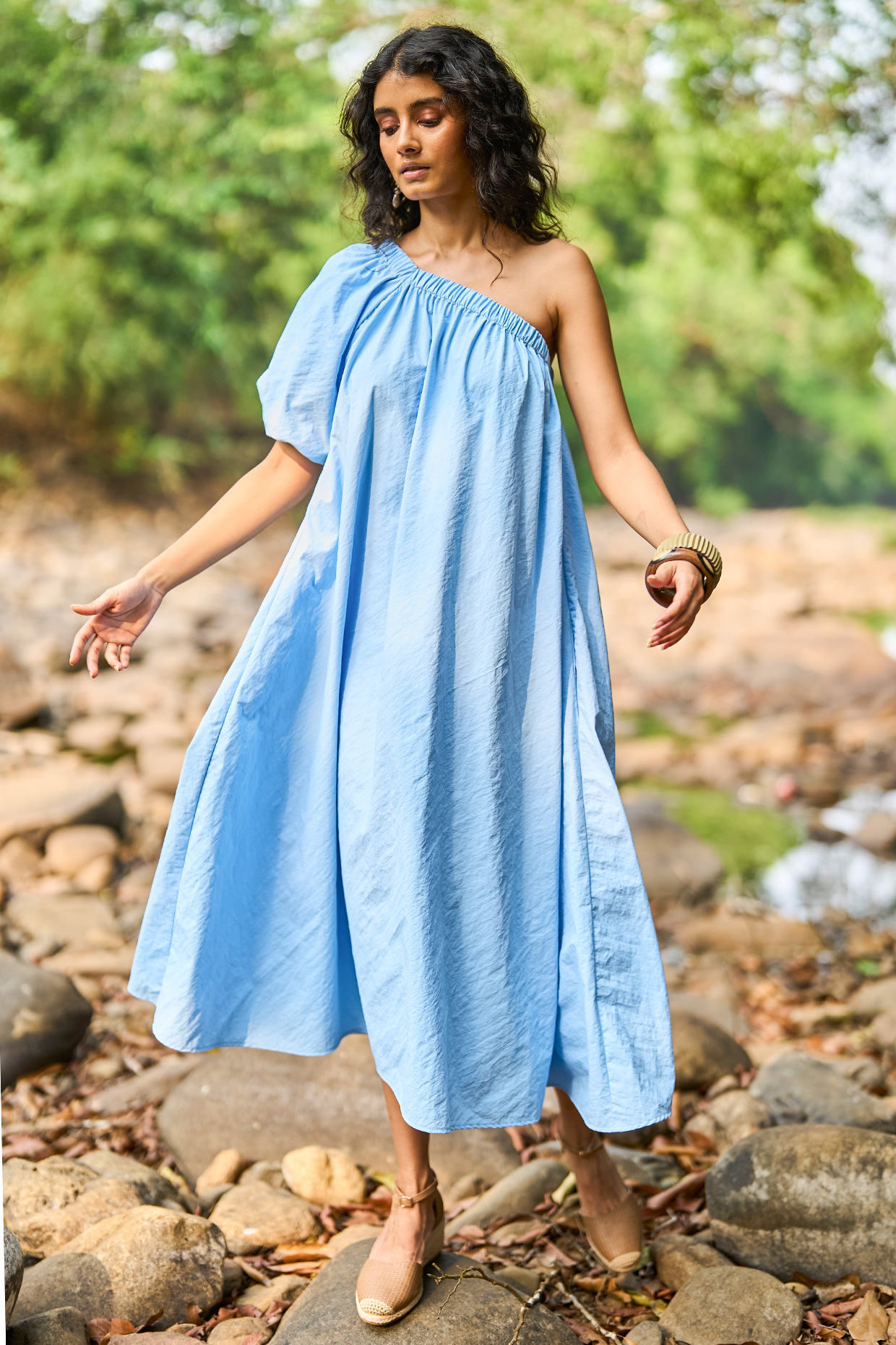 Blue Nylon One-Shoulder Capri Midi Summer Dress by Dash and Dot at Pernia's Pop Up Shop