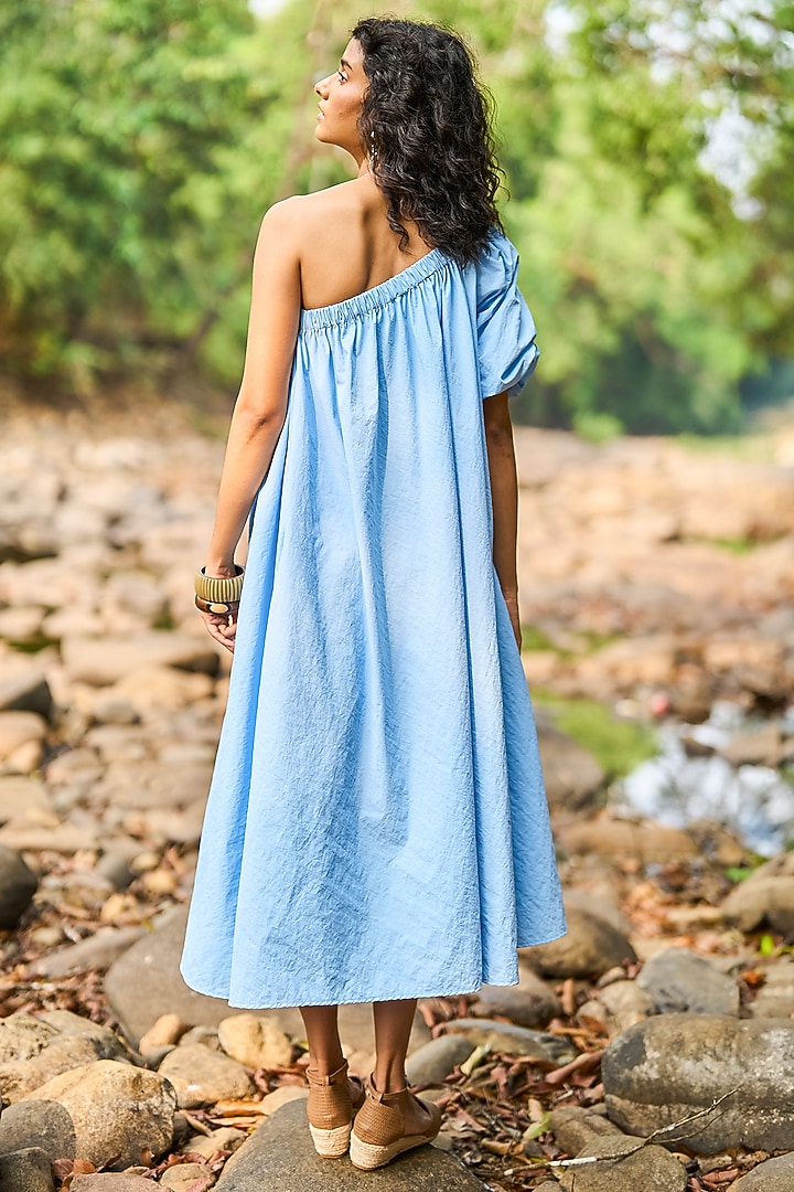 Blue Nylon One-Shoulder Capri Midi Summer Dress by Dash and Dot at Pernia's Pop Up Shop