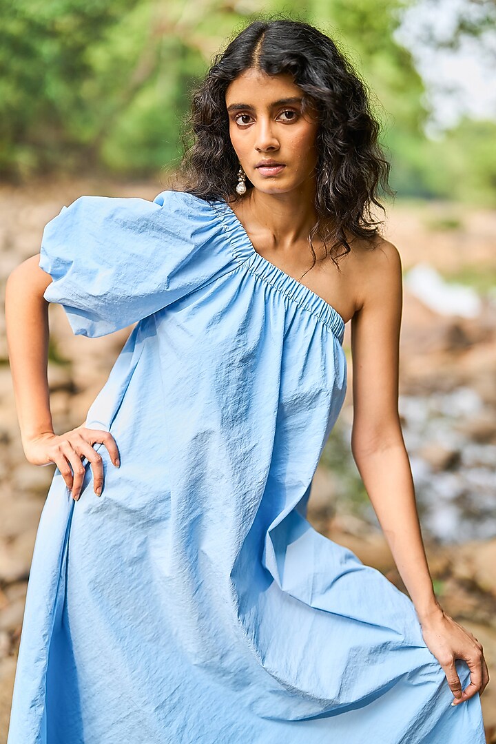 Blue Nylon One-Shoulder Capri Midi Summer Dress by Dash and Dot at Pernia's Pop Up Shop