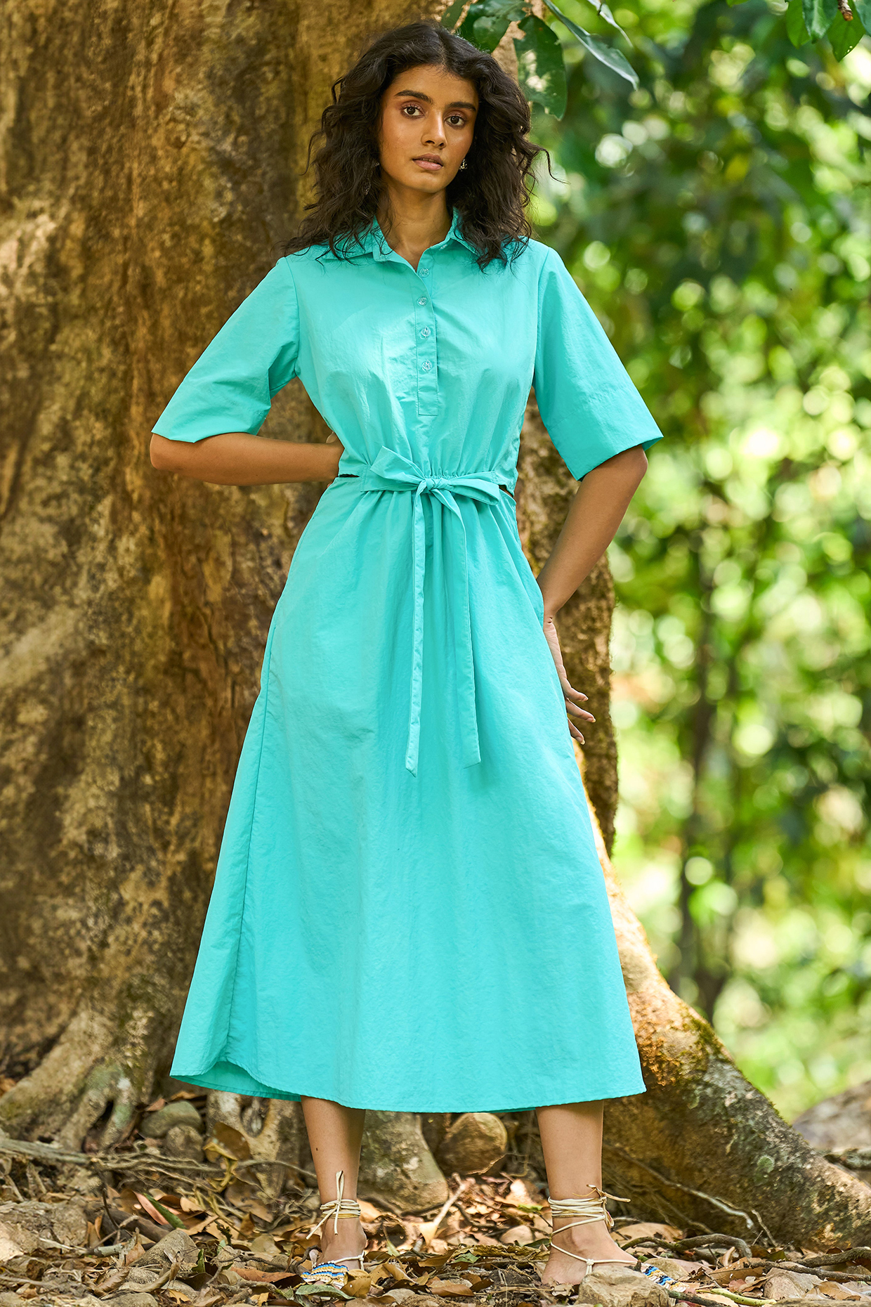 Blue Nylon A-Line Midi Summer Dress by Dash and Dot at Pernia's Pop Up Shop