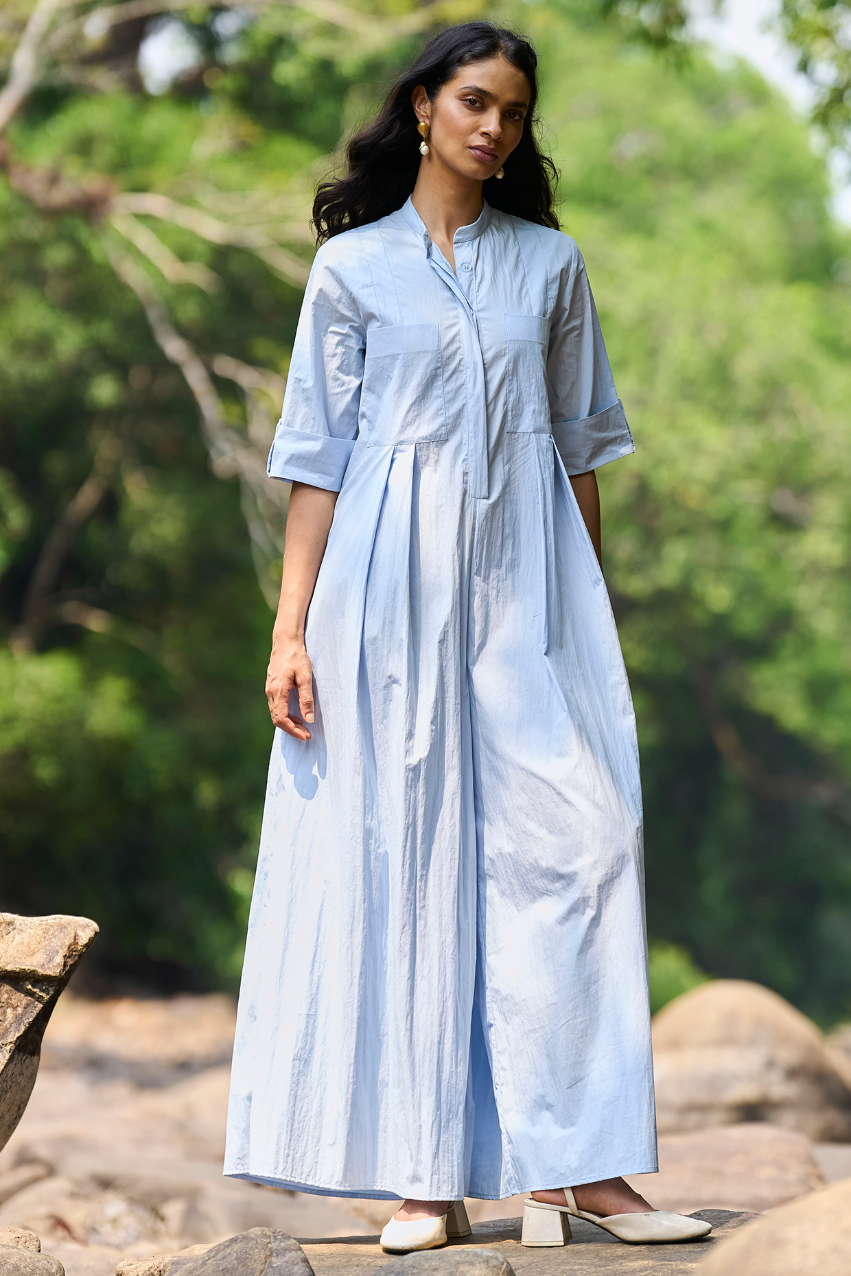 Blue Organic Cotton & Nylon Wide Legged Jumpsuit by Dash and Dot at Pernia's Pop Up Shop