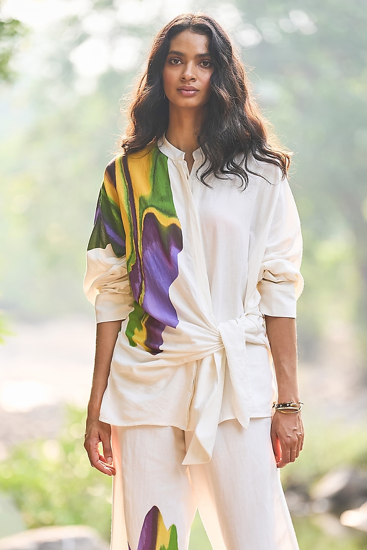 White Viscose & Linen Hand Painted Shirt by Dash and Dot at Pernia's Pop Up Shop