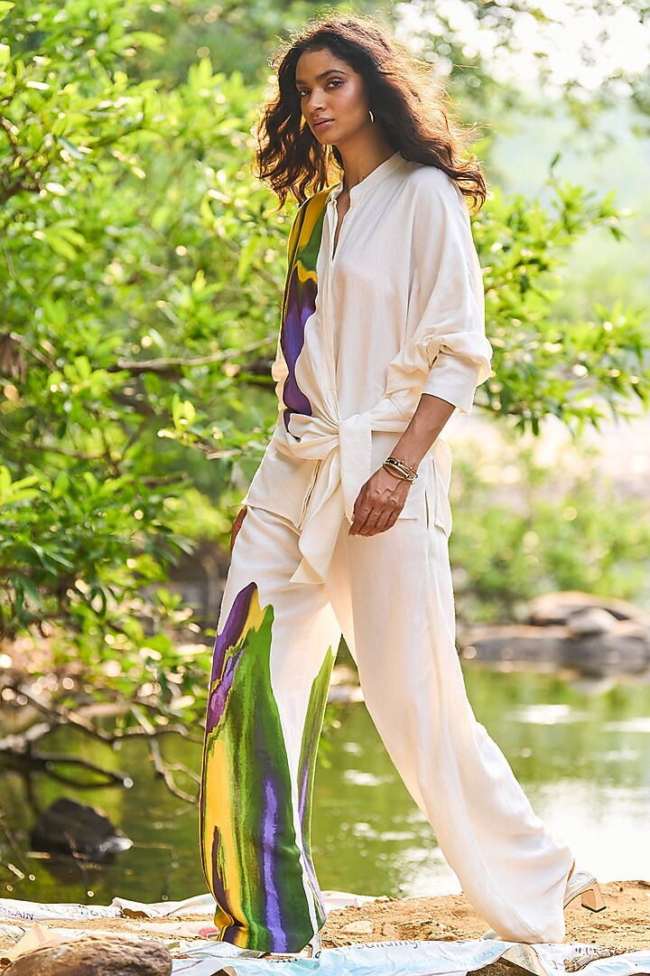 White Viscose & Linen Hand Painted Shirt by Dash and Dot at Pernia's Pop Up Shop