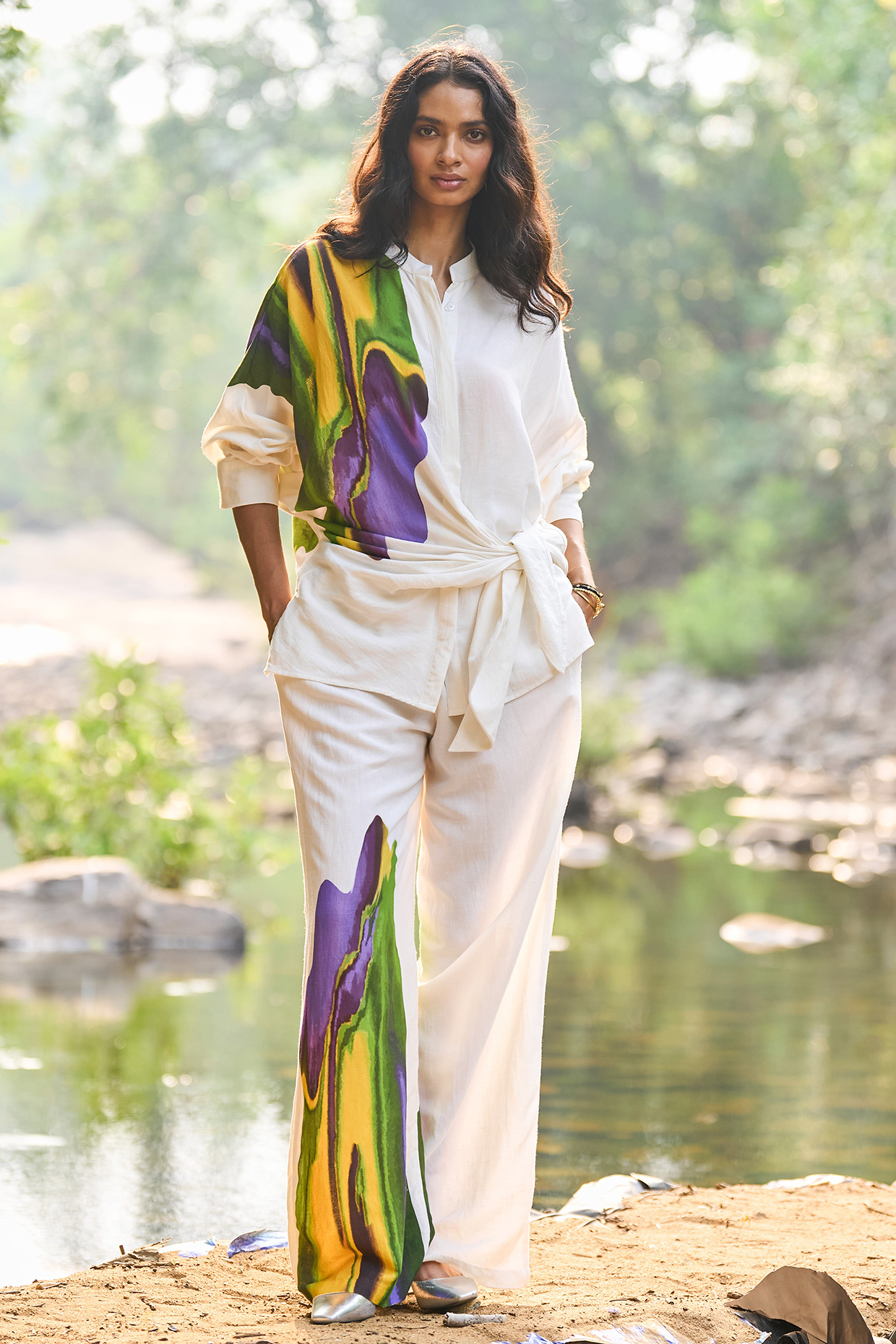 White Viscose & Linen Hand Painted Flared Pant by Dash and Dot at Pernia's Pop Up Shop