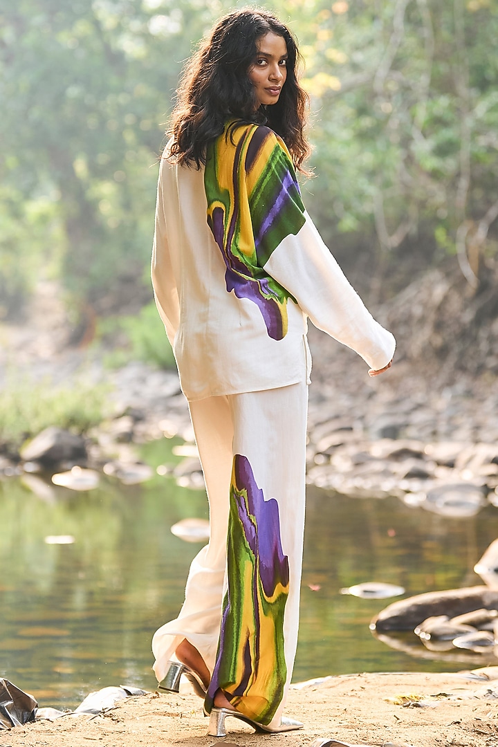 White Viscose & Linen Hand Painted Flared Pant by Dash and Dot at Pernia's Pop Up Shop