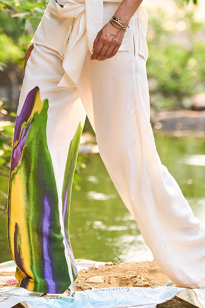White Viscose & Linen Hand Painted Flared Pant by Dash and Dot at Pernia's Pop Up Shop