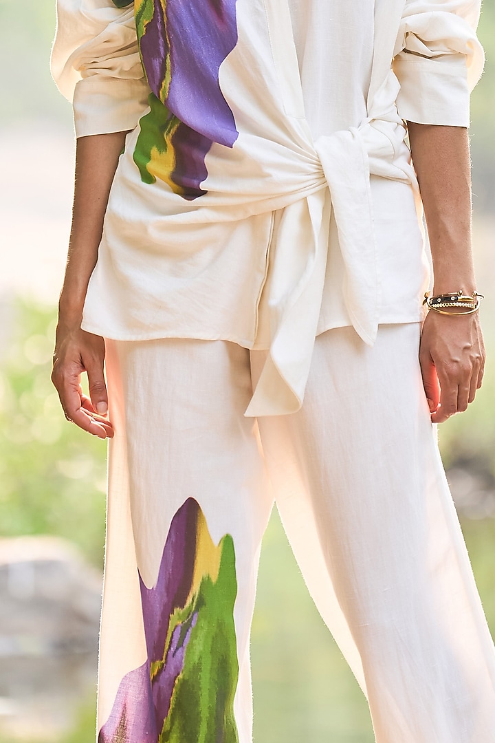 White Viscose & Linen Hand Painted Flared Pant by Dash and Dot at Pernia's Pop Up Shop