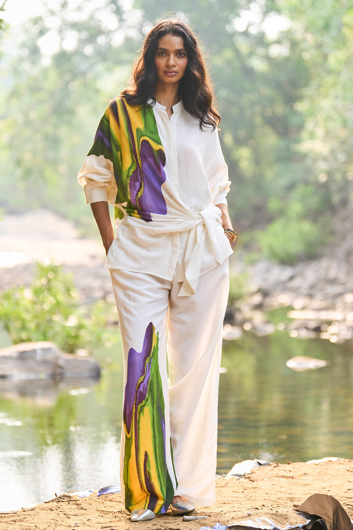 White Viscose & Linen Hand Painted Co-Ord Set by Dash and Dot at Pernia's Pop Up Shop