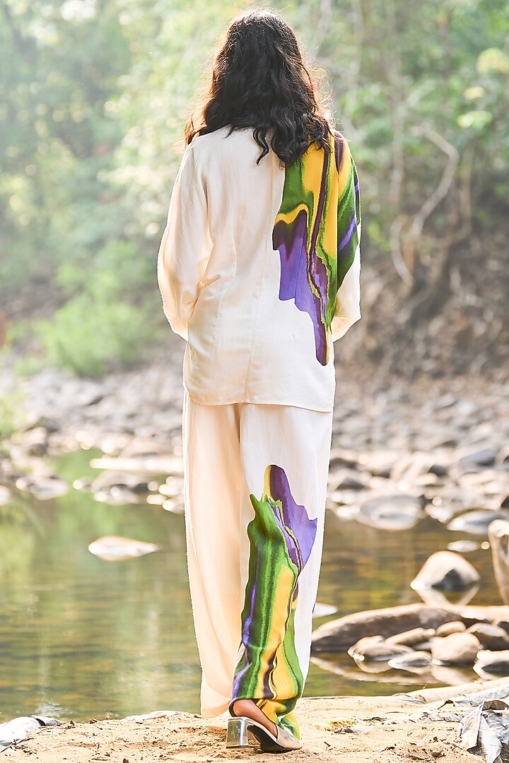 White Viscose & Linen Hand Painted Co-Ord Set by Dash and Dot at Pernia's Pop Up Shop