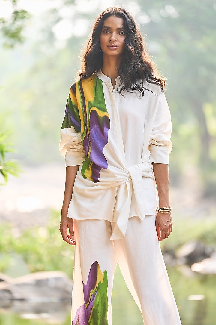 White Viscose & Linen Hand Painted Co-Ord Set by Dash and Dot at Pernia's Pop Up Shop
