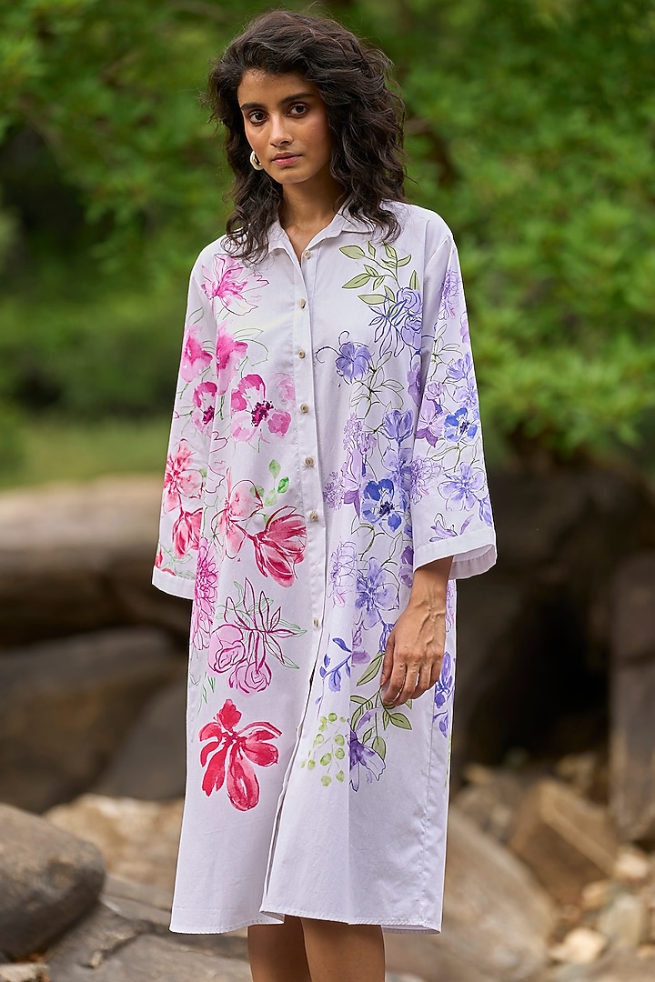 Multi-Colored Organic Cotton Floral Printed Summer Shirt Dress by Dash and Dot at Pernia's Pop Up Shop