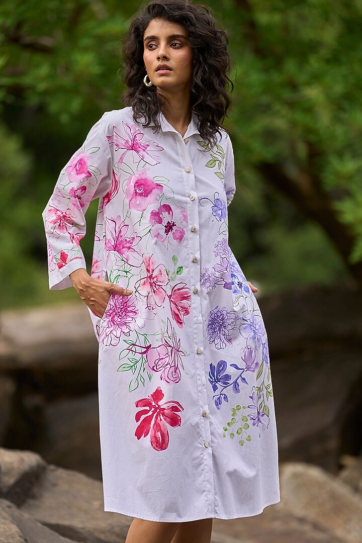 Multi-Colored Organic Cotton Floral Printed Summer Shirt Dress by Dash and Dot at Pernia's Pop Up Shop