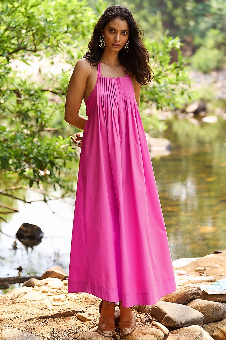 Fuchsia Organic Cotton Halter Midi Summer Dress by Dash and Dot at Pernia's Pop Up Shop