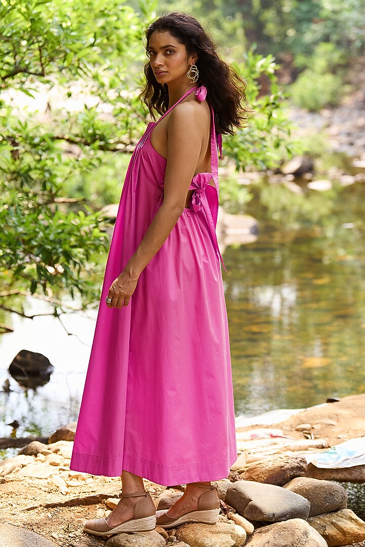 Fuchsia Organic Cotton Halter Midi Summer Dress by Dash and Dot at Pernia's Pop Up Shop