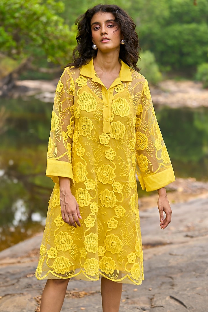 Lemon Yellow Recycled Polyester Embroidered Lace Summer Dress by Dash and Dot at Pernia's Pop Up Shop