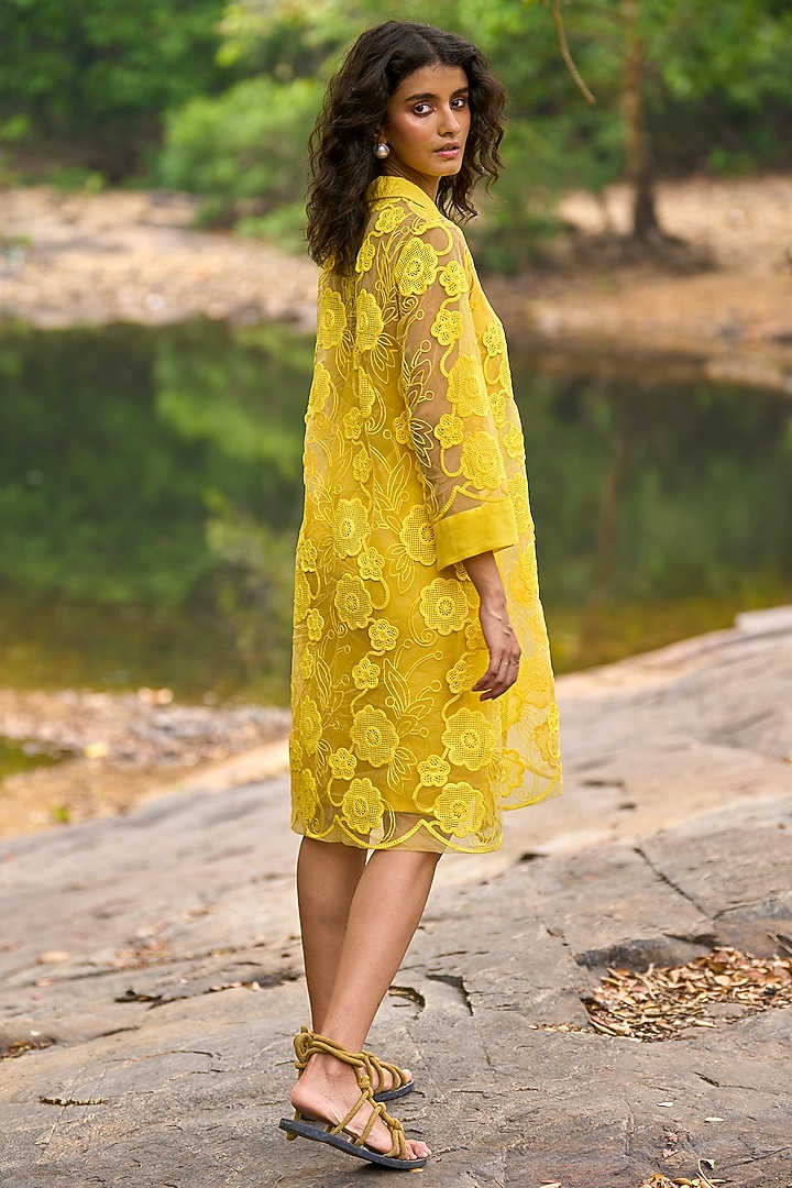 Lemon Yellow Recycled Polyester Embroidered Lace Summer Dress by Dash and Dot at Pernia's Pop Up Shop